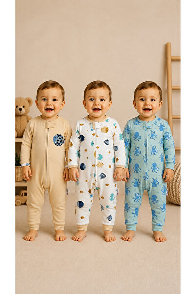 PonçiKids 3’LÜ SET - premium %100 pamuk fermuarlı uzun kollu bebek tulumu des...