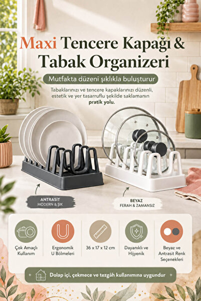 Anadolu Saray Maxi Tencere Kapağı ve Tabak Organizeri 36x17x12 cm Dolap İçi D...