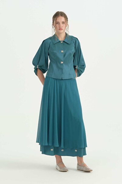 Nihan Stone Detailed Skirt Jacket Set - Emerald