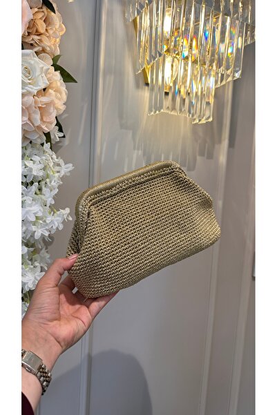 Gold Hasır Clutch Çanta El Örgüsü Abiye &Günlük El Çantası