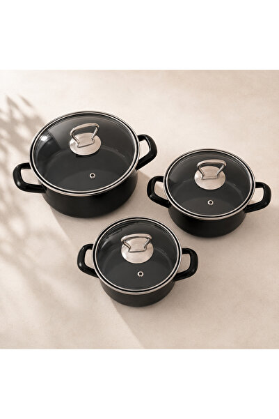 Auren Objects 3-Piece Black Enamel Pot Set with Glass Lid 14-16-18 cm