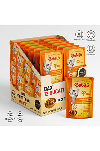 Bobita Влажна храна за възрастни котки Боб с пиле в сос, 12 х 85 г