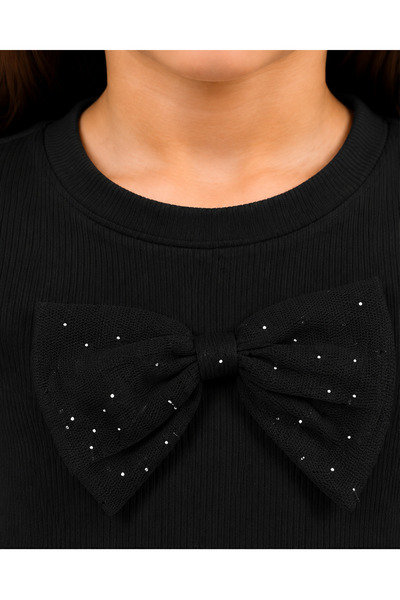 DUBAİ ÇOCUK Girl's White Bow Detailed Tulle Sleeve Blouse