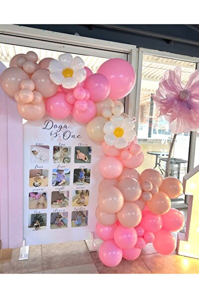 Çemrek Süs Parti Candy Pink and Soft Pink Balloon Chain Set with 103 Daisy an...