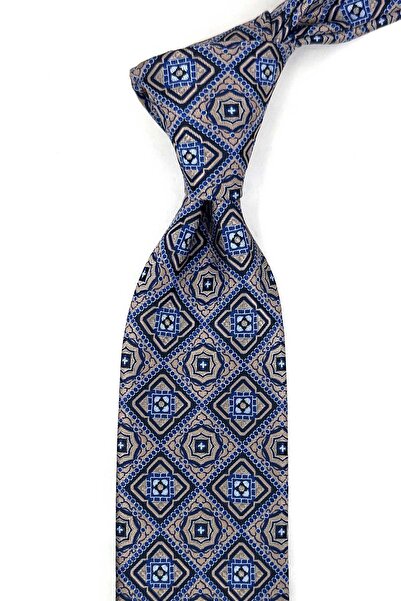 Kravatkolik Beige Motif Pattern Classic Tie with Handkerchief Kk13956