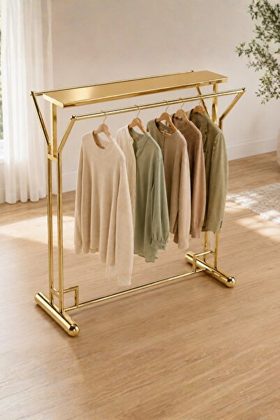 MODELPAZAR Elbise Askı Stand Gold Renk Kaplama Çift Yönlü Butik Orta Standı v...