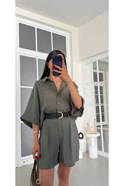 MAESTRO WOMAN Women's Green Oversize Shirt Belted Shorts Tencel Set