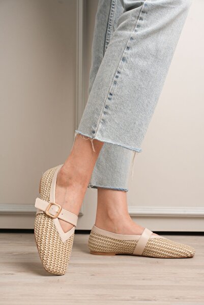 ALFA AKSESUAR 03 Ponti Beige Leather Straw Detailed Ballerina Shoes