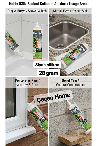 ÇEÇEN HOME Siyah Silikon - Duş, Banyo, Mutfak Evye, Pencere, Kapı ve Genel Ya...