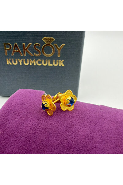 paksoy kuyumculuk Mavi Taşlı Çiçek Vidalı Altın Çocuk Küpesi 22 Ayar 1.09 Gra...