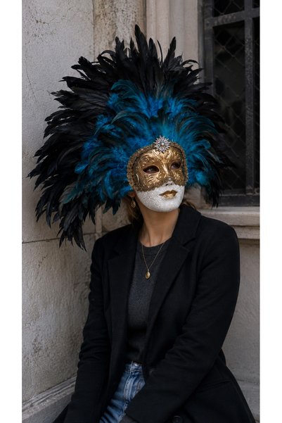 Venemask Blue Feathered Princess Venetian Mask