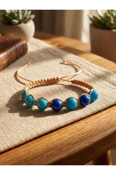 Meneva Aksesuar Special Design Handmade Blue Agate Natural Stone Macrame Brac...