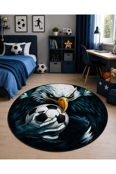 Aybek Home Futbol Toplu Kartal Desenli Çocuk Odası Halısı Baskılı Yıkanabilir...