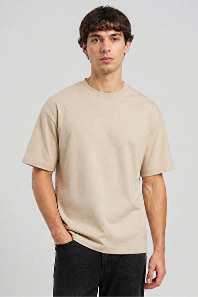 BLANK ESSENTIALS Men Crew Neck Short Sleeve Brand Logo T-Shirt, Beige