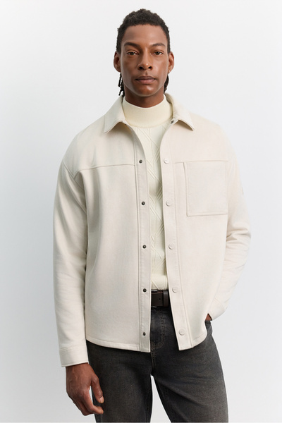 Avva Men's Beige Classic Collar Buttoned Front Two Pockets Suede Comfort Fit ...