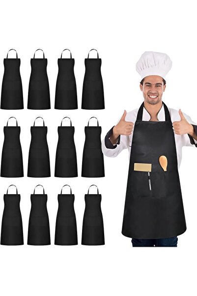 STARSTAR 12-Piece Set women's chef aprons - black aprons w/2 pockets - aprons...