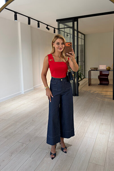 Sezgi Tekin Kapak Pocket Detail Navy Blue Lycra Trousers
