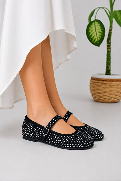 HT HOTİN Chile Women's Stone Detailed Belted Ballerina Shoes - Black