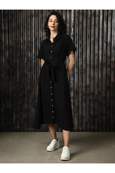 High Star By Styli Black 100% Cotton Solid Buttoned Midi Dress