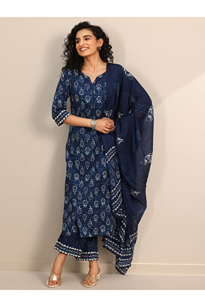 Libas By Styli Blue Printed Cotton Straight Kurta, Trousers and Dupatta Set