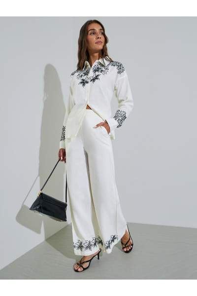 Styli Off White Embroidered Hem Wide Leg Pants