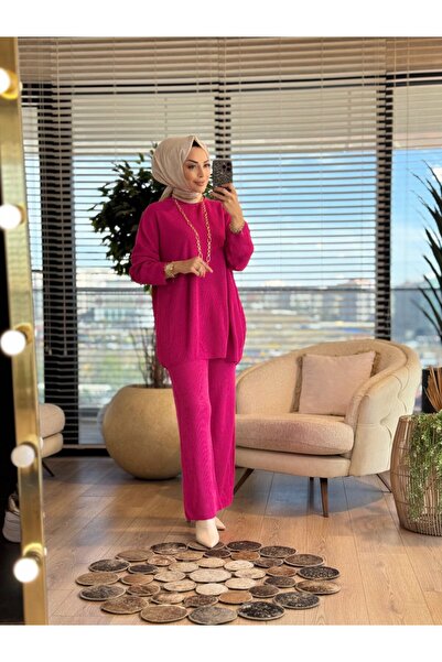 Lamazi Veil 14053 Selanik Knitwear Trouser Set Fuchsia