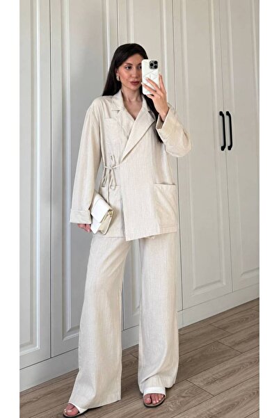MAESTRO WOMAN Women's Beige Double-Breasted Tie-Up Pocketed Jacket Casual Pan...