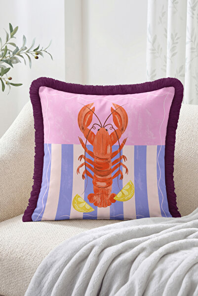 Realhomes Striped Design Fringed Throw Pillow Cover with Lobster and Lemon Sl...