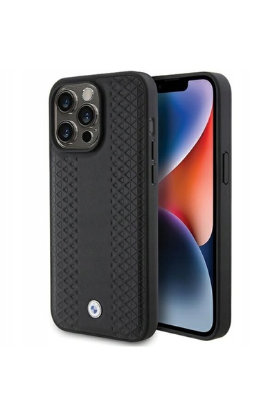 BMW Husă din piele cu model diamant - Etui iPhone 15 Pro (negru)