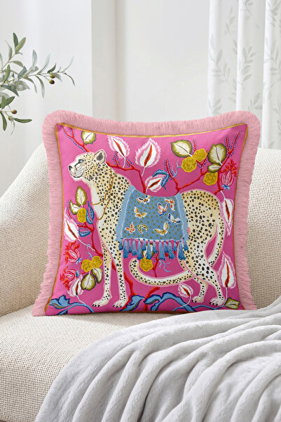 Realhomes Cheetah Figured Floral and Leaf Patterned Fringed Throw Pillow Cove...