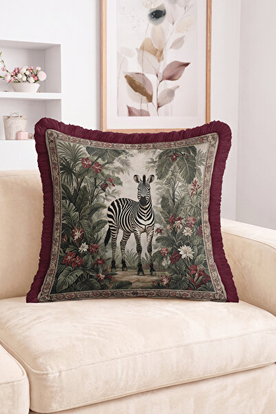 Realhomes Zebra Figured Tropical Leaf and Flower Patterned Fringed Throw Pill...