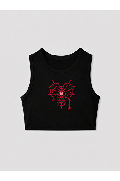 EVIus Bluză crop top neagră cu imprimeu Spider Web pentru femei
