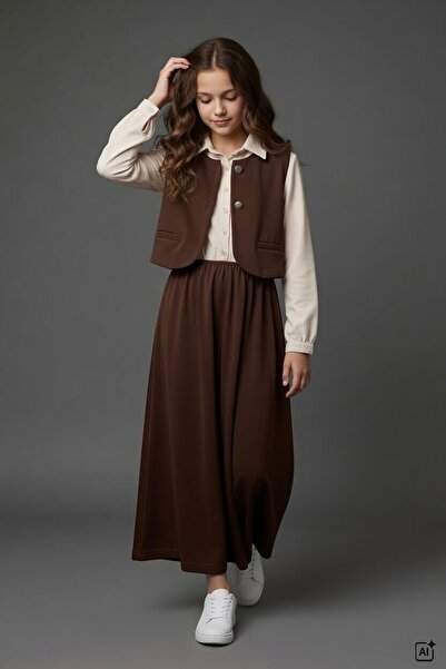 Cansın Mini Brown Girl's Zero Sleeve Vest Shirt Collar Dress Set 24752