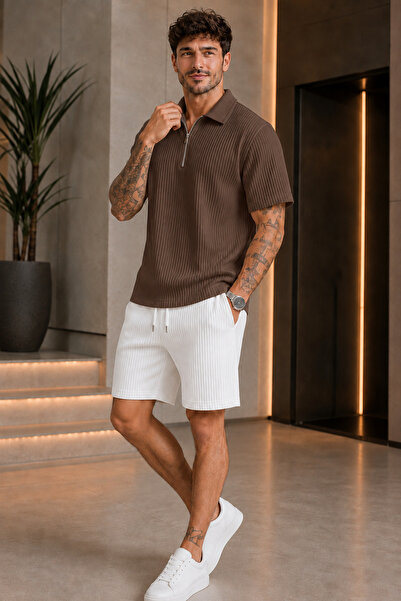 FECCY Premium Ribbed Ottoman Fabric Zipper Detailed Unisex T-Shirt and Shorts...
