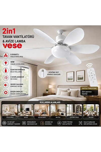 OEM Vese VNT-005 Tavan Vantilatör ve Avize Lamba 40W 6-KANAT 2İN1 Tavan Vanti...