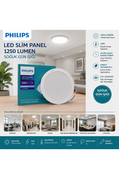 Philips LED Slim Panel 14W 1250LUMEN 20.000 Saat Ömür Yuvarlak Sıva Altı