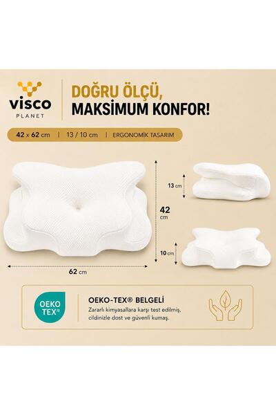 Visco Planet Ortopedik Visco Boyun Yastığı Memory Foam Boyun Destekli Ergonomik Uyku Yastığı 62x42x13/10 cm