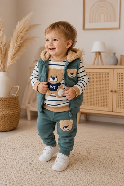 Pure Boutique Set bebe 3 piese verde din bumbac cu bluza, vesta cu gluga si p...