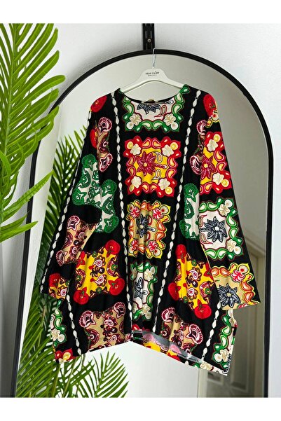ÖZNE BUTİK Plus size women's 100% cotton patterned bicycle neck combed tunic
