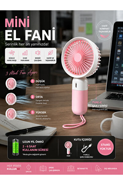 kialed Pembe Lastikli Şarjlı Mini El Fanı USB Type-C 3 Kademeli Sessiz Taşınabilir Masa ve El Vantilatörü