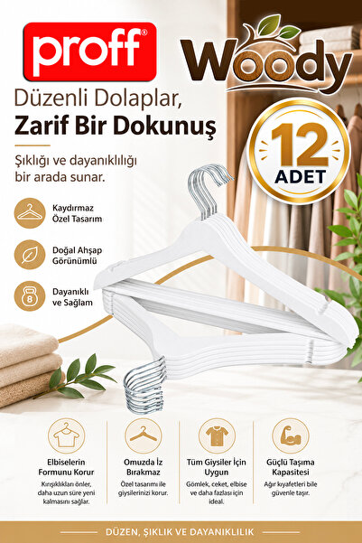 Proff Wooden Patterned Plastic Clothes Hangers-White- 12 Pieces