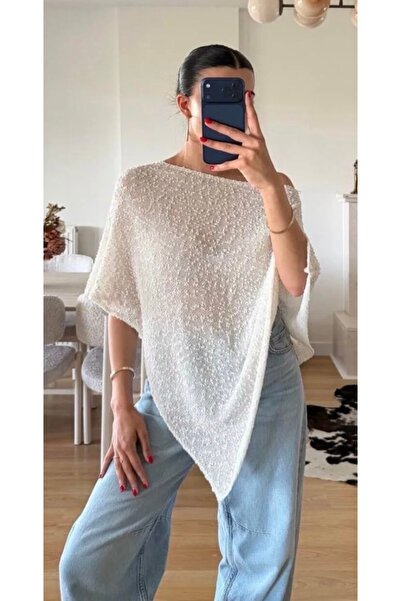 talyambutik Women's Ecru Asymmetrical Poncho Blouse