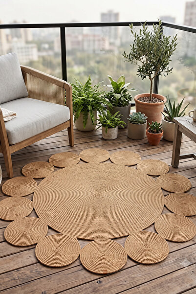 tropikal home Jüt Hasır Yuvarlak Kilim Halı Yolluk Dekoratif Örgü Halı Doğal ...