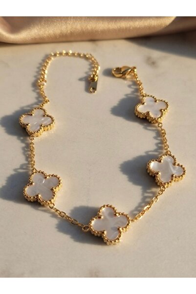 Meneva Aksesuar White Enamel 5-Leaf Clover Gold Color Chain Stainless Steel B...