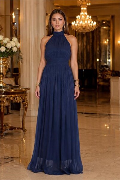 Dipmoda Women's Navy Blue Halter Neck Janjan Fabric Premium Evening Dress Dpm...