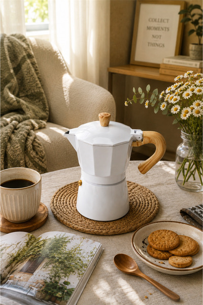 Tohana Beyaz Moka Pot Cezve 360 ml 6 Fincan – Ocak Üstü Espresso Kahve Demlem...