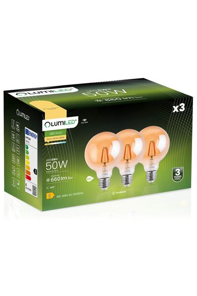 Lumiled 3x Bec LED E27 Sferă G95 6W = 50W 660lm 2000K Cald 360 °   Filament d...