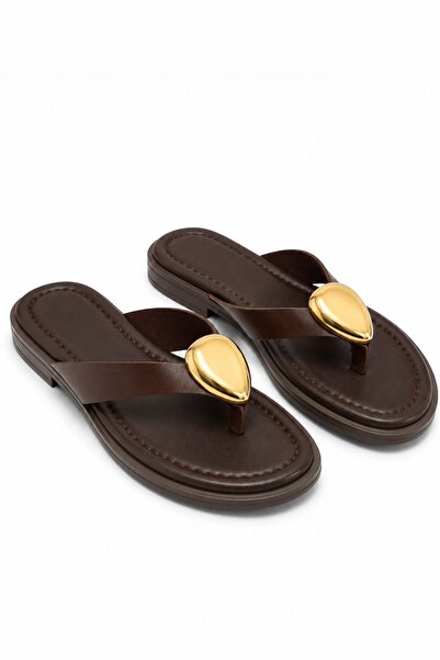 İX Luisa Women's Gold Buckle Detailed Flip-Flops Comfortable Slippers