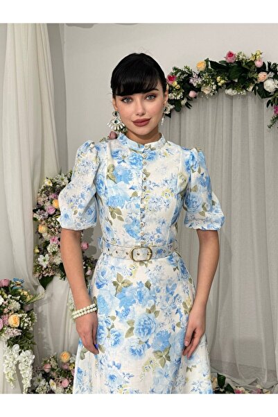 Clothes Fast فستان نسائي متوسط الطول بياقة عالية وأكمام بالون وحزام مزين بنقش...