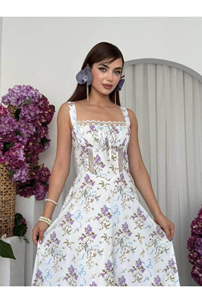 Moda Days Women's White Floral Patterned Strappy Lace Detailed Bow Midi Dress